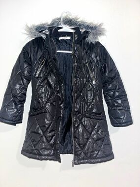 DKNY Girls Black Quilted Puffer Coat Hooded Faux Fur Trim Full Zip Size S